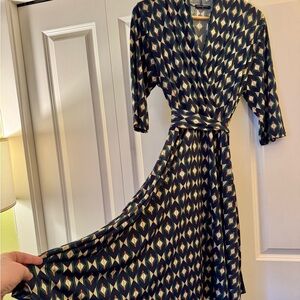 Greenwich Print Faux‑Wrap Midi Dress with Pockets